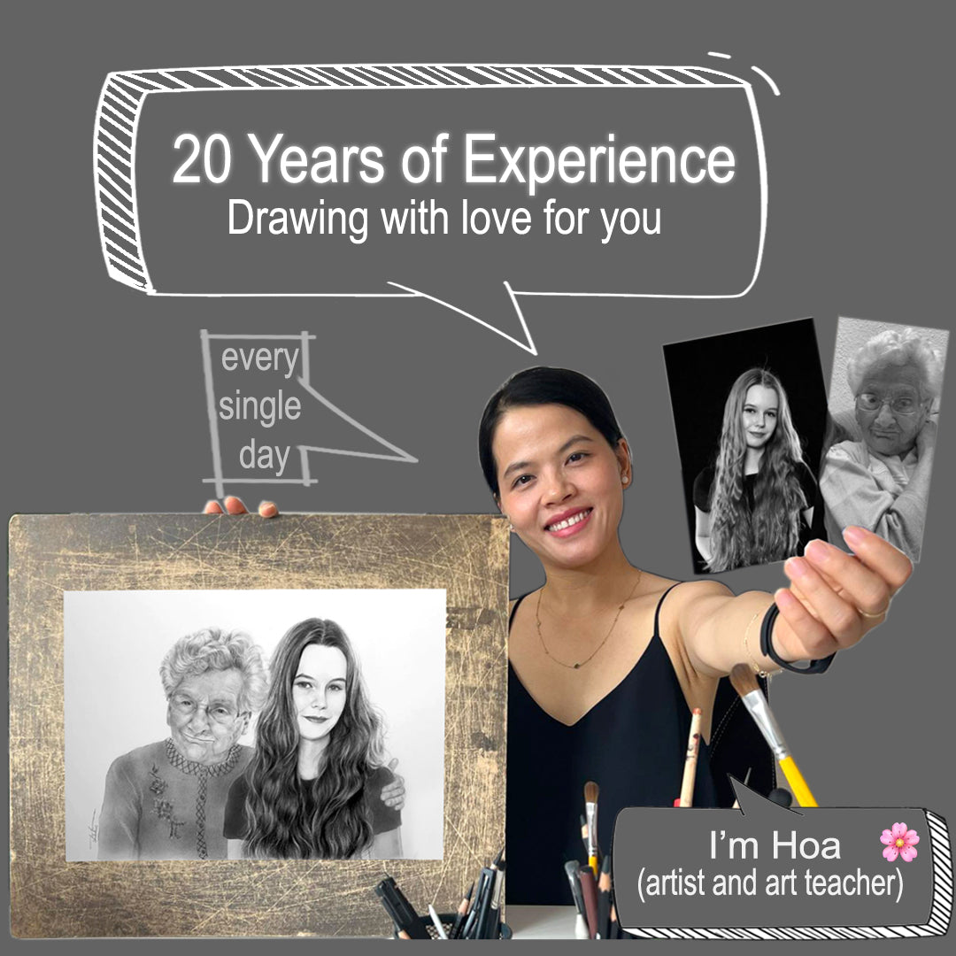 Over two decades of experience in crafting meaningful, affordable portrait art. Hoa Tran